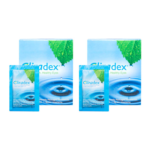 Two boxes of Cliradex Wipes 2-pack, part of the PRN brand, featuring blue packaging with green leaves and water ripples. These eyelid towelettes, enriched with 4-Terpineol, are designed for freshness and cleanliness in ocular hygiene to effectively combat Demodex.