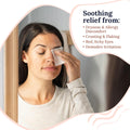 A woman gently wipes her closed eye with a CorneaCare Wipe infused with soothing tea tree oil. Text highlights relief for dryness, allergy discomfort, crusting and flaking, red, itchy eyes, and demodex irritation. Available as CorneaCare Wipes with Tea Tree Oil (30ct).