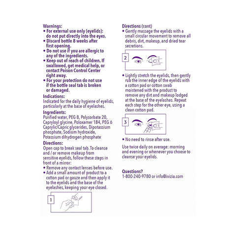 Explore Theas iVIZIA Eyelid Cleansing Wipes, a micellar, preservative-free solution ideal for sensitive eyes. Wipes remove eye makeup gently without rinsing. Includes usage guidance, ingredients, warnings, and contact info for support.