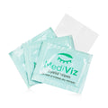 Three teal packets of PRN MediViz Eyelid Cleansing Wipes are shown, one open to reveal a textured white wipe. The packaging highlights eye health with a green eyelash logo and indicates use for soothing irritated, dry eyes or gently removing makeup.