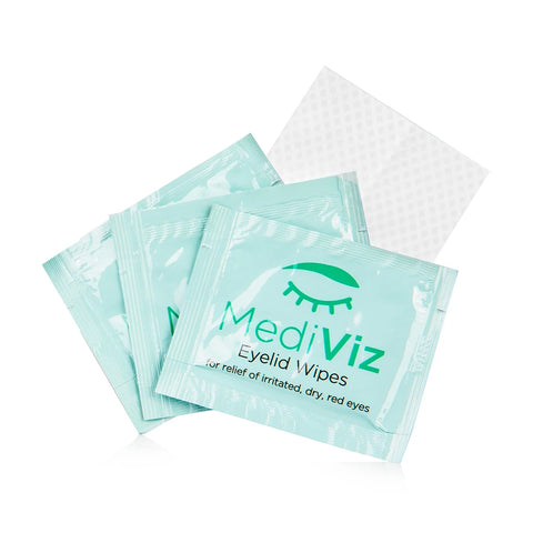 Three teal packets of PRN MediViz Eyelid Cleansing Wipes are shown, one open to reveal a textured white wipe. The packaging highlights eye health with a green eyelash logo and indicates use for soothing irritated, dry eyes or gently removing makeup.
