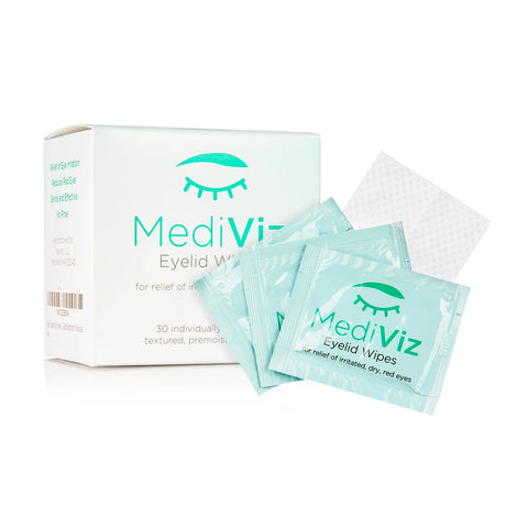 A box labeled MediViz Eyelid Cleansing Wipes from PRN features an eye illustration, promoting eye health benefits. Three individually packaged wipes lean against the box, offering gentle relief for inflamed, dry eyes and capable of removing eye makeup.