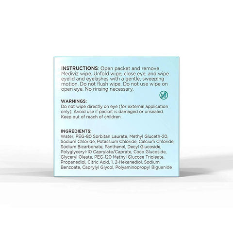 A white-background square packet features text with instructions for using MediViz Eyelid Cleansing Wipes by PRN. It includes warnings and lists ingredients like water and other chemicals, promoting eye health and ideal for gentle eye makeup removal.
