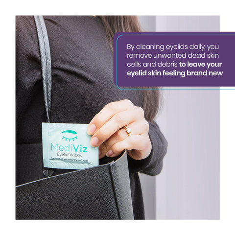 A person puts a MediViz Eyelid Cleansing Wipes (No Tea Tree Oil) packet into a black bag. Text highlights its daily benefits: removing dead skin cells, debris, and eye makeup to promote eye health and rejuvenate eyelid skin. Brand: PRN - Physician Recommended Nutriceuticals.