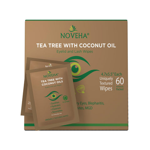 The Noveha Tea Tree & Coconut Oil for Eyelid Wipes with Aloe Vera (60ct) is packaged in a brown box accented with green, containing 60 textured wipes, and features two packets stylishly displayed in front.