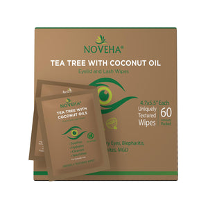 The Noveha Tea Tree & Coconut Oil for Eyelid Wipes with Aloe Vera (60ct) is packaged in a brown box accented with green, containing 60 textured wipes, and features two packets stylishly displayed in front.