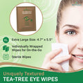 The Noveha Tea Tree & Coconut Oil Eyelid Wipes with Aloe Vera packaging features a green background, highlighting the extra-large sterile wipes (4.7 x 5.5), individually wrapped, with a unique texture and an illustration of a woman using one.