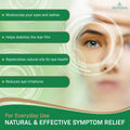 Graphic promoting Noveha Tea Tree & Coconut Oil Eyelid Wipes with Aloe Vera, highlighted benefits: moisturizes eyes and lashes, stabilizes tear film, replenishes natural oils, reduces irritations. Eye close-up included. Text: For Everyday Use - Natural & Effective Symptom Relief.