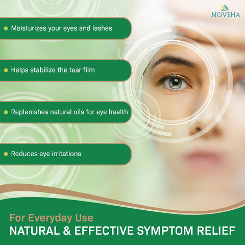 Graphic promoting Noveha Tea Tree & Coconut Oil Eyelid Wipes with Aloe Vera, highlighted benefits: moisturizes eyes and lashes, stabilizes tear film, replenishes natural oils, reduces irritations. Eye close-up included. Text: For Everyday Use - Natural & Effective Symptom Relief.