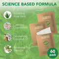 Promotional image for Noveha Tea Tree & Coconut Oil Eyelid Wipes, displaying three brown-packaged wipes. Highlights Aloe Vera, Chamomile, Coconut Oil, and Tea Tree Oil. Features a 60-pack with Science Based Formula on a soothing green background.