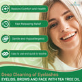 A smiling woman with long hair stands beside green boxes highlighting benefits: Restore Comfort and Health, Fast Releasing Relief, Gentle and Hypoallergenic, and Easy to use and quick to soothe. Bottom text reads: Deep Clean Eyelashes with Noveha Tea Tree & Coconut Oil Eyelid Wipes (60ct).