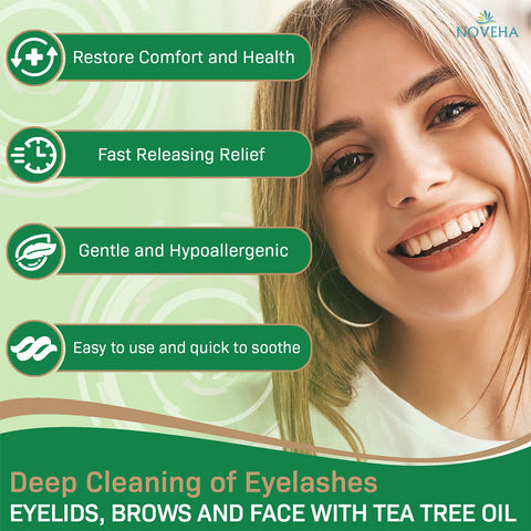 A smiling woman with long hair stands beside green boxes highlighting benefits: Restore Comfort and Health, Fast Releasing Relief, Gentle and Hypoallergenic, and Easy to use and quick to soothe. Bottom text reads: Deep Clean Eyelashes with Noveha Tea Tree & Coconut Oil Eyelid Wipes (60ct).