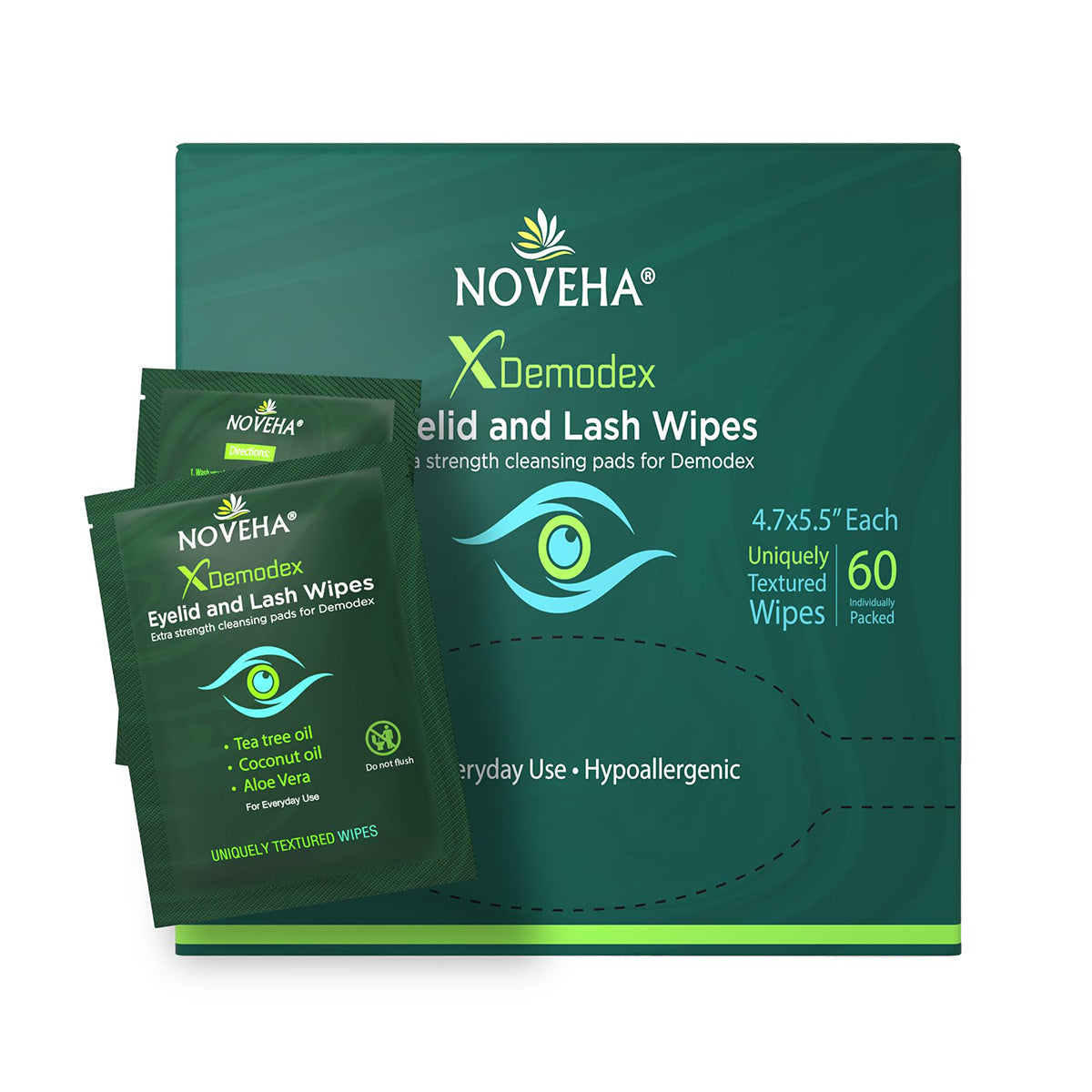 Image of a Noveha Anti-Demodex Eyelid & Lash Wipes (60ct) box with two individual packets resting against it. The green packaging emphasizes natural ingredients such as tea tree oil, coconut oil, aloe vera, and its hypoallergenic properties.