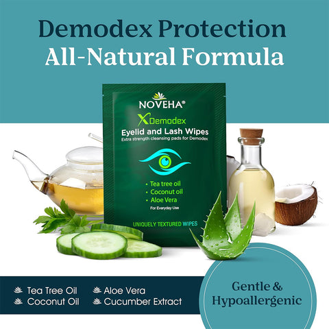 The image features Novehas eco-friendly packaging for their Anti-Demodex Eyelid & Lash Wipes (60ct), enriched with natural ingredients like tea tree and coconut oil, and aloe vera. It is surrounded by a bottle of oil, a bowl of coconut oil, an aloe plant, and a brown bottle.