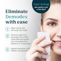 A woman holds a facial wipe to her cheek. Text reads: Eliminate Demodex easily with Noveha Anti-Demodex Eyelid & Lash Wipes. 1) Wash hands. 2) Use wipes on eyelids/lashes for 5-10 sec. 3) Repeat daily until irritation subsides. Fast-acting with natural ingredients—see results in just days!.