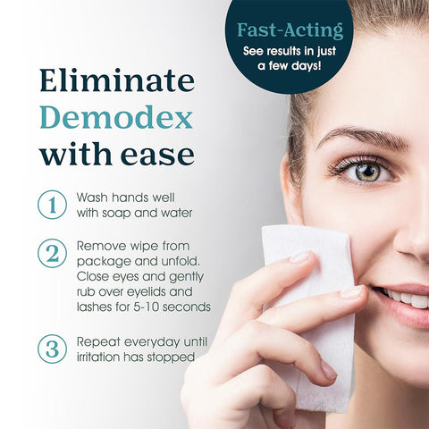 A woman holds a facial wipe to her cheek. Text reads: Eliminate Demodex easily with Noveha Anti-Demodex Eyelid & Lash Wipes. 1) Wash hands. 2) Use wipes on eyelids/lashes for 5-10 sec. 3) Repeat daily until irritation subsides. Fast-acting with natural ingredients—see results in just days!.