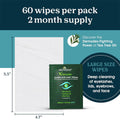 The Noveha Anti-Demodex Eyelid & Lash Wipes feature a size comparison chart and emphasize natural ingredients like tea tree oil for deep cleaning eyelashes, lids, eyebrows, and face. With 60 wipes per pack and a 2-month supply, these wipes are effective against Demodex.