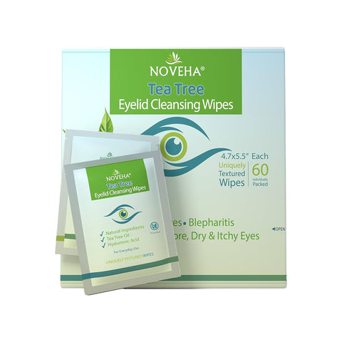 NOVEHA Tea Tree Oil Eyelid & Lash Wipes package features a green, blue, and white design emphasizing natural ingredients for soothing sore, dry, and itchy eyes. It includes an image of two individual wipe packets.