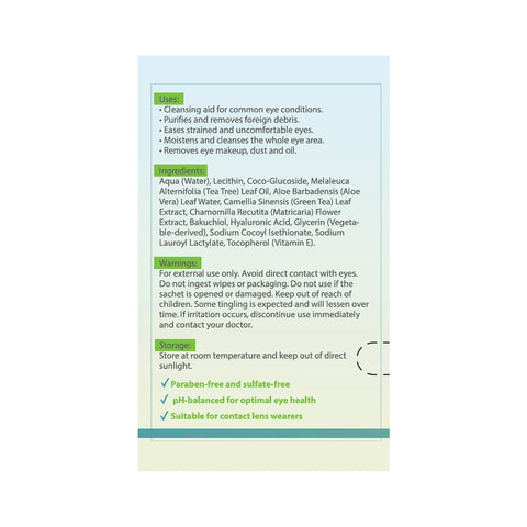 A Noveha product package for Tea Tree Oil Eyelid & Lash Wipes includes uses, natural ingredients like HA, Green Tea & Chamomile, warnings, and storage tips. Highlights: paraben-free, pH-balanced, and suitable for contact lens wearers. Ideal for maintaining ocular hygiene.