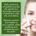 A woman smiles, holding a cotton pad near her eye. Text on the left highlights the benefits of Noveha Tea Tree Oil Eyelid & Lash Wipes, enriched with HA, Green Tea, and Chamomile for cleansing and revitalizing dry eyes—enhancing ocular hygiene by removing dead skin cells, oils, and debris.