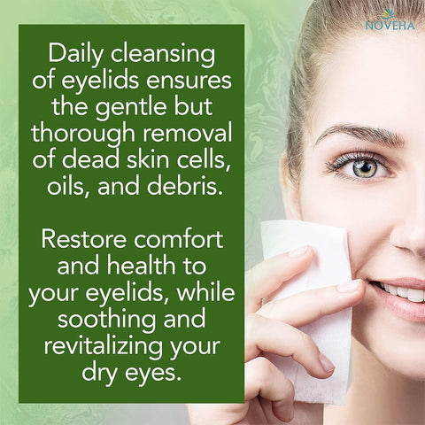 A woman smiles, holding a cotton pad near her eye. Text on the left highlights the benefits of Noveha Tea Tree Oil Eyelid & Lash Wipes, enriched with HA, Green Tea, and Chamomile for cleansing and revitalizing dry eyes—enhancing ocular hygiene by removing dead skin cells, oils, and debris.