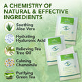 Text on green background features NOVEHA Tea Tree Oil Eyelid & Lash Wipes by Noveha for superior ocular hygiene. Highlighted natural ingredients include Aloe Vera, Hyaluronic Acid, Tea Tree Oil, Chamomile, and Green Tea with images of each plant.