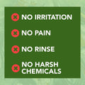 The Noveha Tea Tree Oil Eyelid & Lash Wipes feature a green background with white text: NO IRRITATION, NO PAIN, NO RINSE, NO HARSH CHEMICALS, each marked by a red circle and white X. Ideal for ocular hygiene with natural ingredients like tea tree.