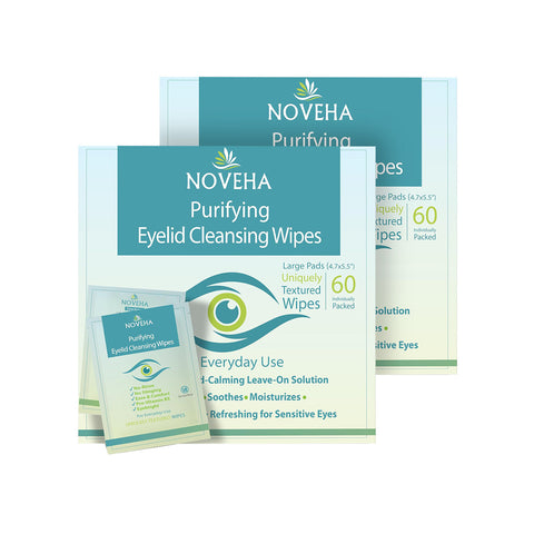 The packaging of Noveha Purifying Eyelid Wipes for Daily Eye Hygiene includes 120 wipes, designed to alleviate allergy symptoms with large pads perfect for sensitive eyes. Their soothing and moisturizing formula offers essential relief from dry eyes, ideal for daily use.