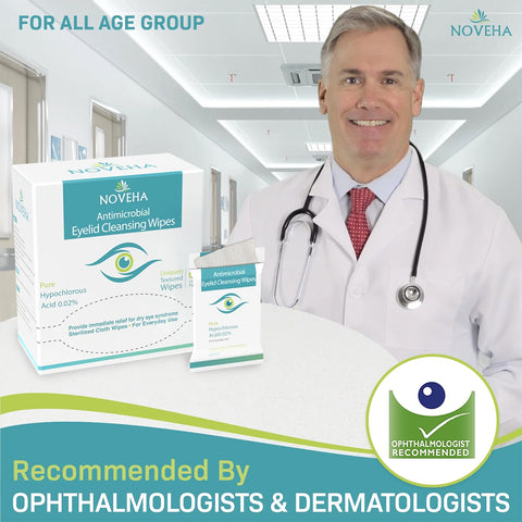 A doctor in a white coat smiles beside a display of Noveha Purifying Eyelid Wipes for Daily Eye Hygiene (2x60) 120 wipes, celebrated for cleansing eyelids. The display highlights the products recommendation by ophthalmologists and dermatologists for all ages.