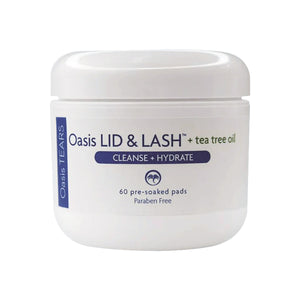 Oasis Medicals Oasis LID & LASH + Tea Tree Oil Pads, in a sleek white plastic container, offer 60 paraben-free pads for superior eyelid hygiene and hydration. Infused with tea tree oil for a refreshing cleanse.