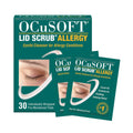 Image of OCuSOFT Ocusoft Lid Scrub Allergy Eyelid Cleanser packaging. A green box promotes 30 pre-moistened wipes with Green Tea Extract for eyelid cleansing and allergy relief, featuring an eye close-up. Two individual packets are displayed in front of the box.