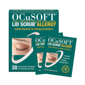 Image of OCuSOFT Ocusoft Lid Scrub Allergy Eyelid Cleanser packaging. A green box promotes 30 pre-moistened wipes with Green Tea Extract for eyelid cleansing and allergy relief, featuring an eye close-up. Two individual packets are displayed in front of the box.