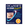 The OCuSOFT Lid Scrub Original Wipes 30ct, in dark blue packaging with a closed eye, emphasize eyelid hygiene by soothing and cleansing eyes for mild to moderate conditions.