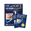 The OCuSOFT Lid Scrub Original Wipes 30ct packaging displays 30 pre-moistened pads, featuring a closed eye image and text highlighting their role in eyelid hygiene and enhanced contact lens comfort for mild to moderate conditions.