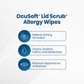 An image of Ocusoft Lid Scrub Allergy Eyelid Cleanser (30 Wipes) packaging highlights benefits like itch relief, cleansing, soothing with Green Tea Extract, calming, moisturizing, and reducing redness appearance. Icons for each benefit appear on a light gray background. Brand: OCuSOFT.