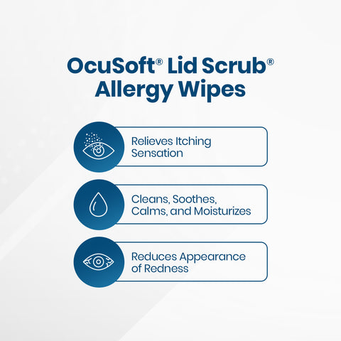 An image of Ocusoft Lid Scrub Allergy Eyelid Cleanser (30 Wipes) packaging highlights benefits like itch relief, cleansing, soothing with Green Tea Extract, calming, moisturizing, and reducing redness appearance. Icons for each benefit appear on a light gray background. Brand: OCuSOFT.