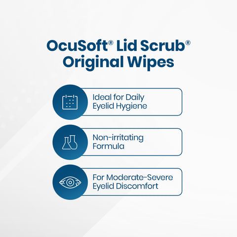 The image titled Ocusoft Lid Scrub Original Wipes showcases three features: Ideal for Daily Eyelid Hygiene, Non-irritating Formula, and For Moderate-Severe Eyelid Discomfort. These wipes enhance contact lens comfort and offer comprehensive eye care. Product: Ocusoft Lid Scrub Original Wipes 30ct by OCuSOFT.