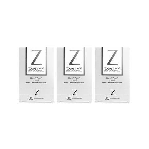 Three packages of the Zocular ZocuWipe 3-pack Eyelid Cleanser and Moisturizer, offering a 90-day supply with 90 okra-based wipes total (3 packs of 30 each), are displayed side by side on a white background, providing gentle eyelid cleansing and soothing moisture.