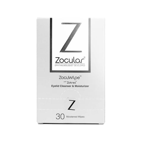 The ZocuWipe Eyelid Wipes by Zocular feature white packaging with a large Z logo, offering gentle okra-infused cleansing for dry eye relief and blepharitis. It contains 30 moistened wipes, promoting optimal skin health with sophisticated, minimalistic vertical branding.