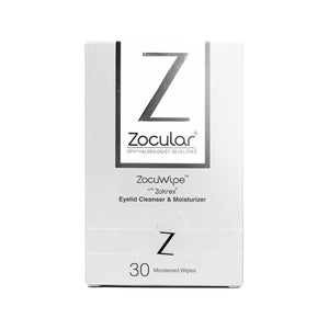 The ZocuWipe Eyelid Wipes by Zocular feature white packaging with a large Z logo, offering gentle okra-infused cleansing for dry eye relief and blepharitis. It contains 30 moistened wipes, promoting optimal skin health with sophisticated, minimalistic vertical branding.