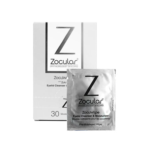 The Zocular ZocuWipe Eyelid Wipes provide gentle, okra-infused cleansing for dry eye relief and blepharitis, featuring 30 pre-moistened wipes in a white box with sleek black text and a matching silver sachet.