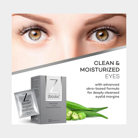 Image close-up of a womans eyes above ZocuWipe 3-pack Eyelid Cleanser and Moisturizer. Text reads: Clean & Moisturized Eyes with advanced okra-based formula for dry eye relief. Okra pieces are pictured next to the product box.