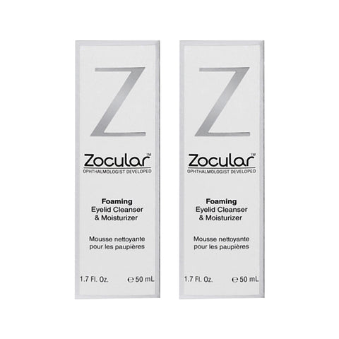 Two boxes of ZocuFoam 2-Pack Eyelid Foam Cleanser (4-6 month supply), by Zocular, each 1.7 fl oz (50 ml). The white packaging with black text highlights its ophthalmologist-developed formula for promoting skin health and relieving dry eyes through effective cleansing and moisturizing.