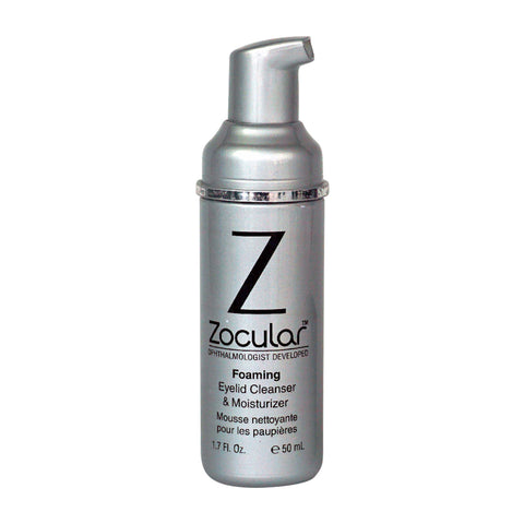 Silver bottle of Zoculars ZocuFoam Eyelid Cleanser Foam & Moisturizer with a pump, featuring bilingual English and French labeling. It holds 1.7 fl oz (50 ml) of an okra-based complex for soothing dry eyes relief, designed as a 3-month supply.