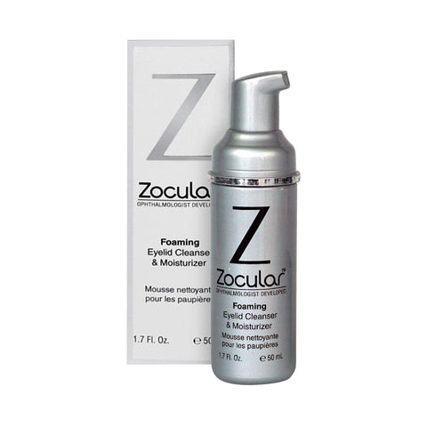 Image of a silver bottle labeled ZocuFoam Eyelid Cleanser Foam and Moisturizer, featuring an okra-based complex for dry eyes relief. With a pump dispenser, its set against its white packaging box echoing Zoculars details. Bottle size: 1.7 fl. oz. (50 ml), 3-month supply.
