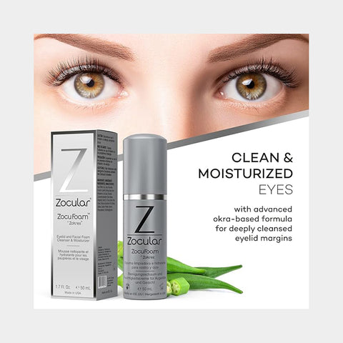 Close-up of eyes above a silver bottle and box of ZocuFoam 2-Pack Eyelid Foam Cleanser by Zocular. Text reads, Clean & Moisturized Eyes with advanced okra-based formula for skin health and dry eye relief.