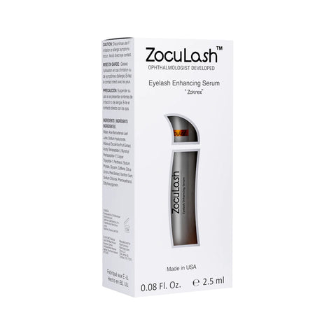A white box of Zoculars ZocuLash Eyelash Enhancing Serum (2.5mL) displays a grey product image with text like Ophthalmologist Developed and Zokrex, highlighting the Pro-Growth Tripeptide Lash Complex, and is gentle for sensitive eyes. Volume: 0.08 Fl. Oz./2.5 ml, Made in USA.