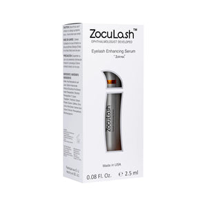A white box of Zoculars ZocuLash Eyelash Enhancing Serum (2.5mL) displays a grey product image with text like Ophthalmologist Developed and Zokrex, highlighting the Pro-Growth Tripeptide Lash Complex, and is gentle for sensitive eyes. Volume: 0.08 Fl. Oz./2.5 ml, Made in USA.