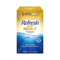 A yellow and blue box of Abbvies Refresh Optive Mega-3® Preservative-Free Lubricant Eye Drops (0.4mL Vials, 60-Count) showcases Lipid-Enhanced Relief and highlights Moisture-rich relief, with a graphic of water bubbles.