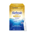The image showcases a box of Refresh Optive Mega-3® Preservative-Free Lubricant Eye Drops by Abbvie. The yellow and blue packaging highlights Lipid-Enhanced Relief and Moisture-rich Relief. The set includes 60 vials, with one vial displayed separately.